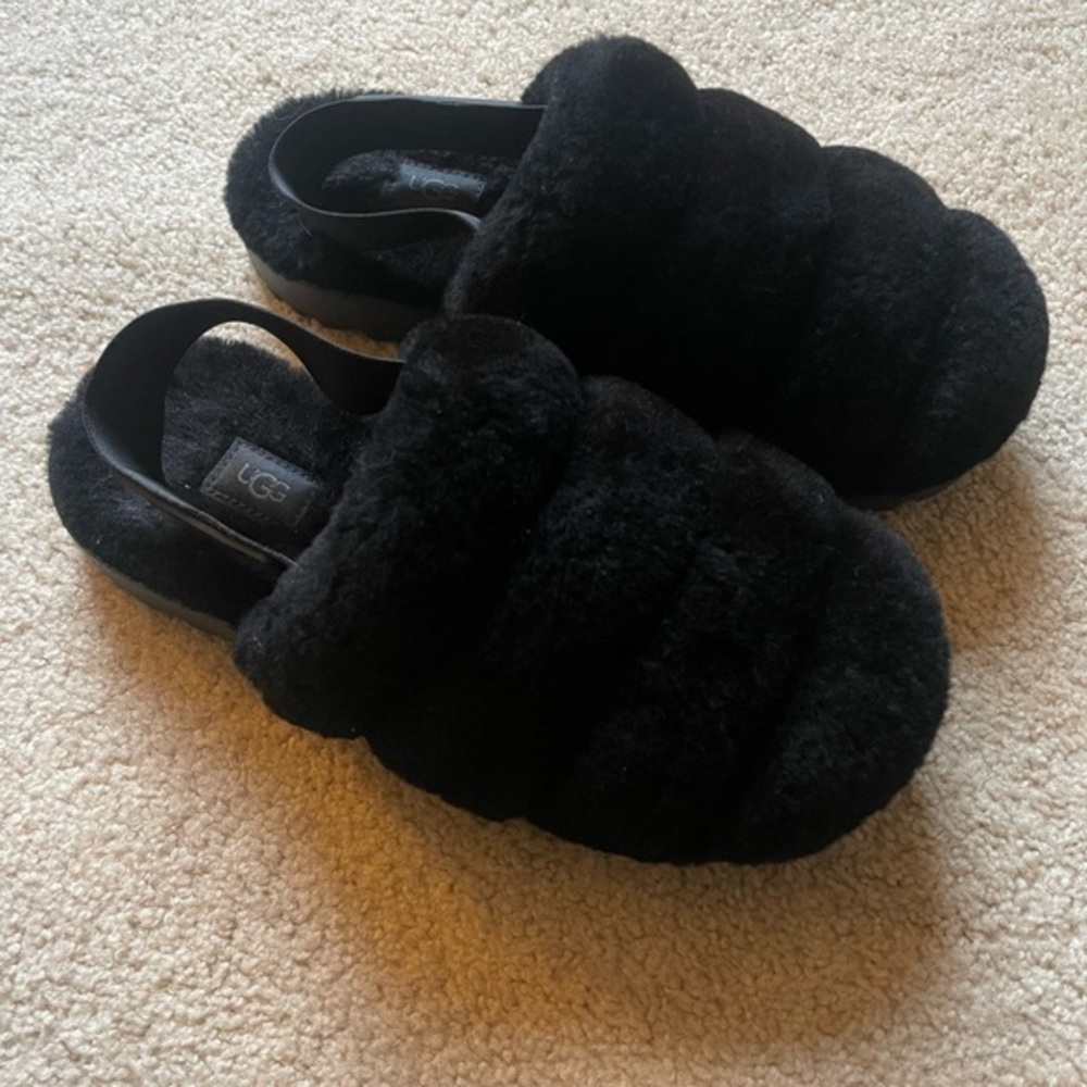UGG Black Fluffy Slippers Size 8